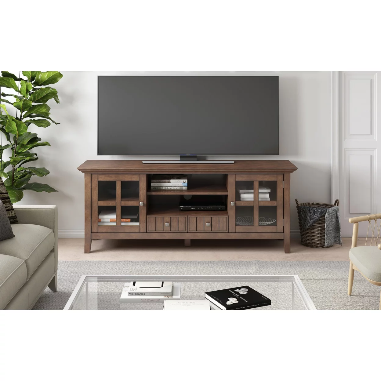 Acadian SOLID WOOD 60 inch Wide Transitional TV Media Stand in Light Golden Brown For TVs up to 65 inches