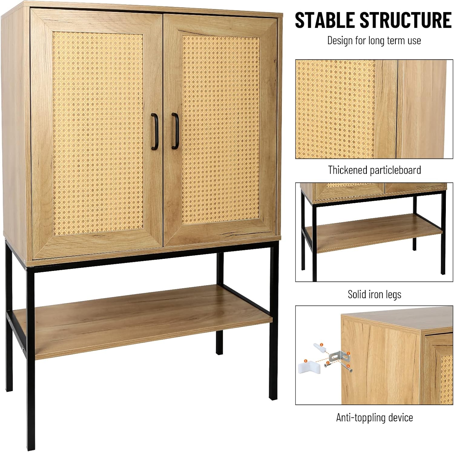 Elegant Cabinet with 2 Rattan Doors Bedroom Living Room Kitchen Cupboard Wooden Furniture with Bottom Shelf Easy Assembly Natural Color