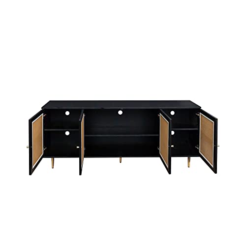 Sideboard Buffet Cabinet with Natural Rattan Doors＆Adjustable Shelf, Rattan TV Stand, Rattan Entertainment Center Console Table Accent Cabinet for TV's up to 55” for Living Room (57”, Wood)