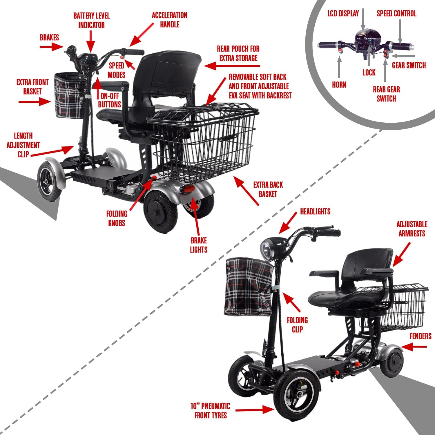 Darkshadows by MaritSA - Foldable 4 Wheel Mobility Scooter for Seniors. Long Range Battery 15.6AH-25 Mile Range (Model8)