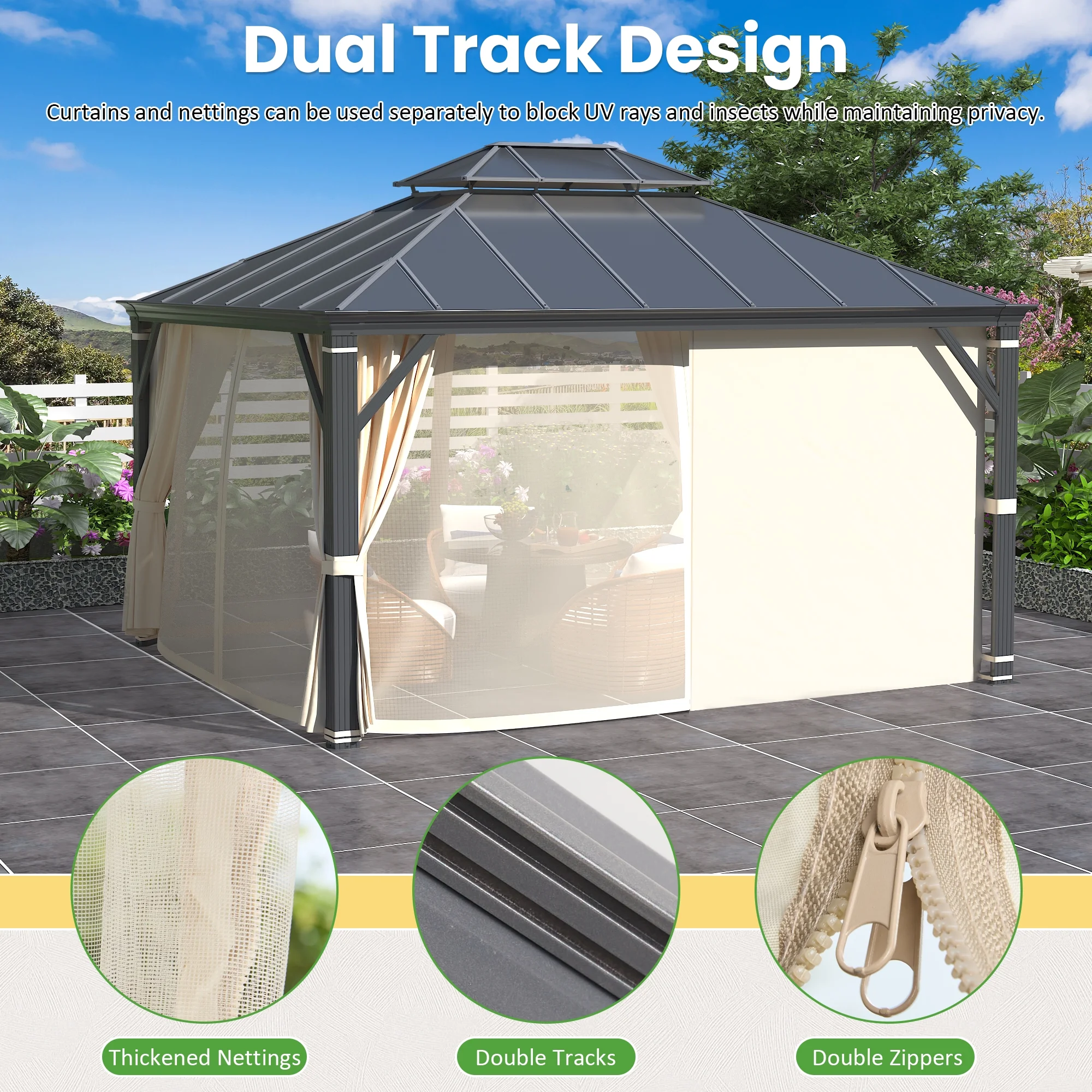 Richryce 12'x14' Hardtop Gazebo Patio Furniture, Aluminum Frame Double Roof, Privacy Curtains and Premium Net for Patio Lawn and Garden