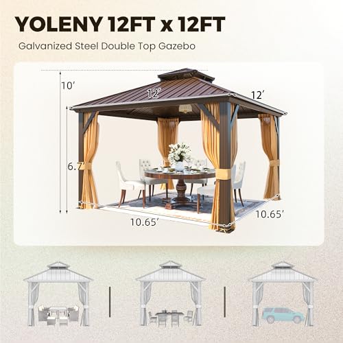 YOLENY 10' x 12' Hardtop Gazebo, Wood-Looking Gazebo with Galvanized Steel Double Roof, Aluminum Frame, Permanent Metal Pavilion with Netting and Curtains for Deck, Backyard, Patio and Lawns