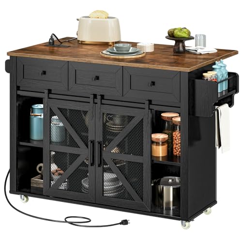 Kitchen Island with Storage, Kitchen Cart with Charging Station, Rolling Kitchen Island Table with Drop-Leaf, 3 Drawers, Barn Doors, Towel Rack and Spice Rack, White and Walnut