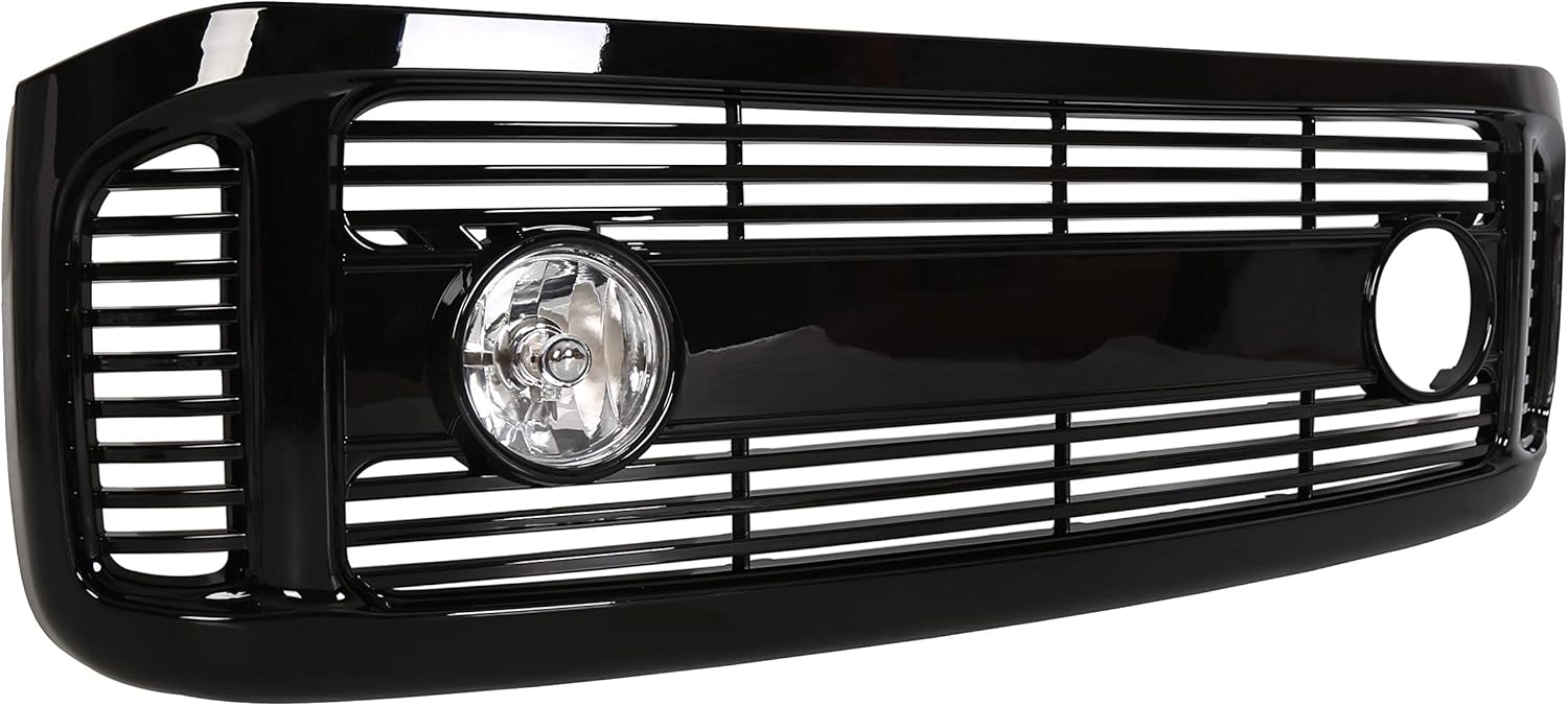ECOTRIC Glossy Black Horizontal Front Hood Bumper Grille Grill ABS + Fog Lights Compatible with 1999-2004 Ford F250 F350 F450 F550