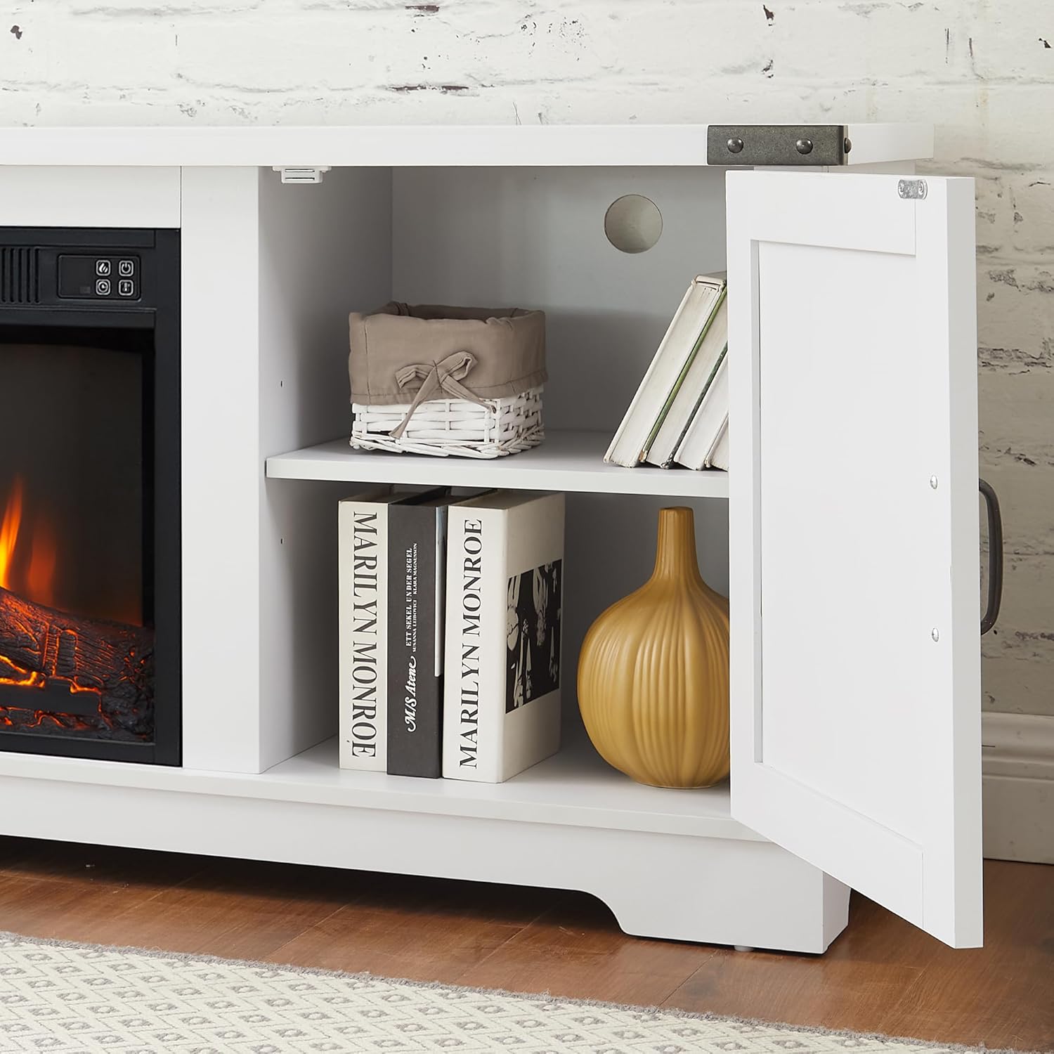 Modern Farmhouse TV Media Stand, Large Barn Inspired Home Entertainment Console, with 23" Fireplace Insert, for TV Up to 70", with Open Shelves and Closed Cabinets, White, 64.8" W*15.67" D*24.29" H
