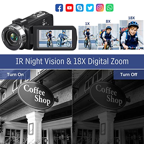 Camcorder Video Camera 4K Ultra 48MP with IR Night Vision,18X Digital Zoom Camcorder Recorder 3" 270° Rotation Touch screen Vlogging Camera for YouTube with Remote Control,2 Batteries,32GB SD Card