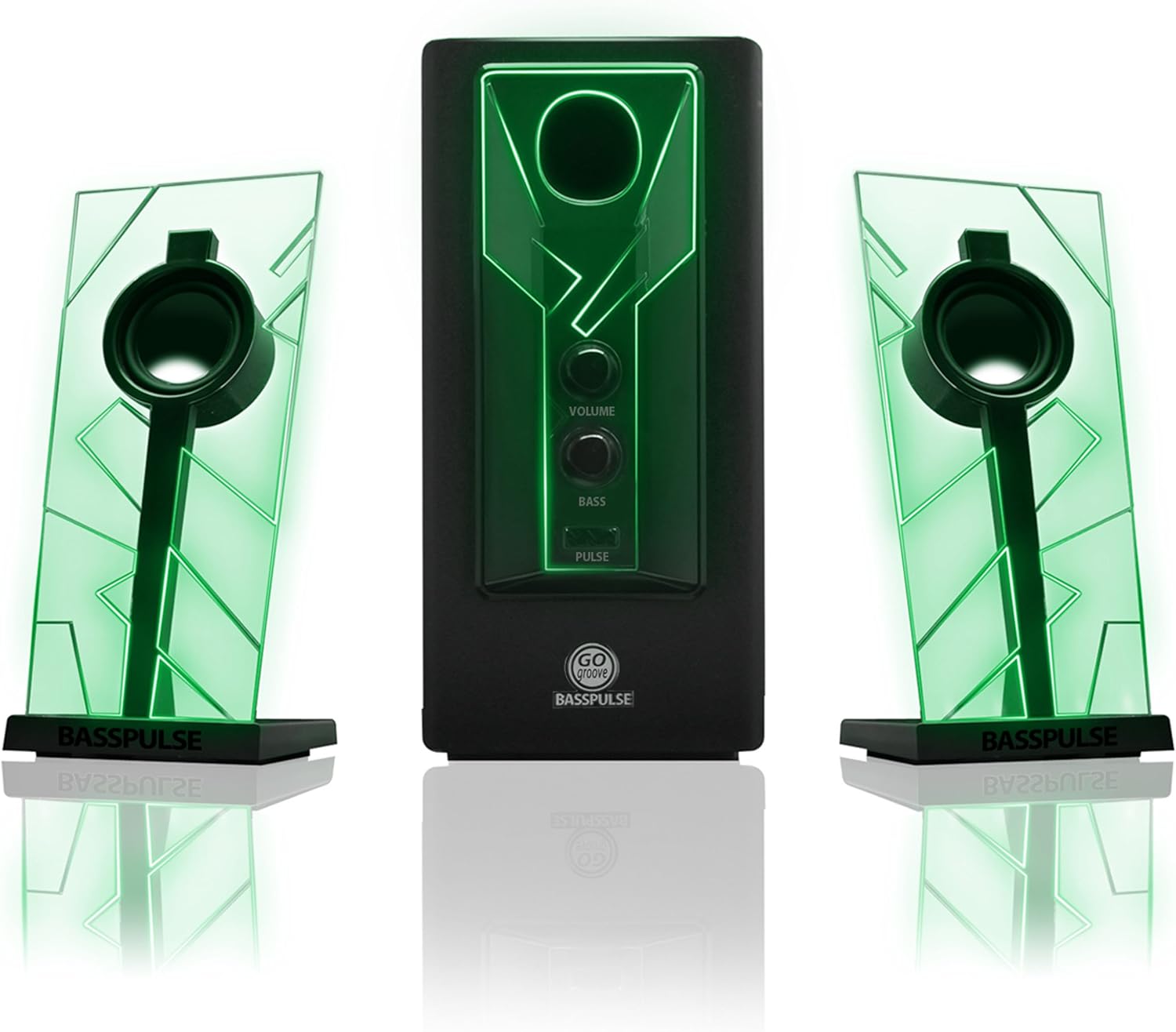 GOgroove BassPULSE 2.1 Computer Speakers with Green LED Glow Lights and Powered Subwoofer - Gaming Speaker System for Music on Desktop, Laptop, PC with 40 Watts, Heavy Bass Pack of 2