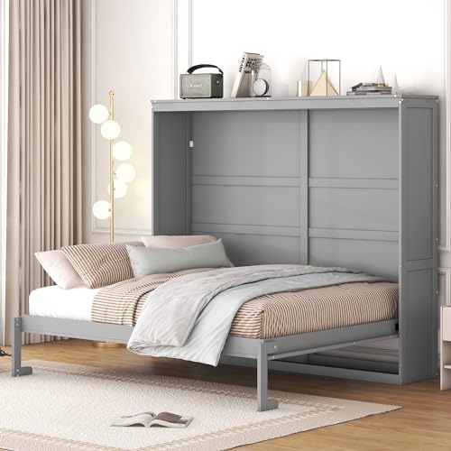 Harper & Bright Designs Queen Size Murphy Bed Wall Bed with Storage Shelves, Wardrobe and LED Lights, Space-Saving for Multipurpose Guest Room or Home Office, Gray