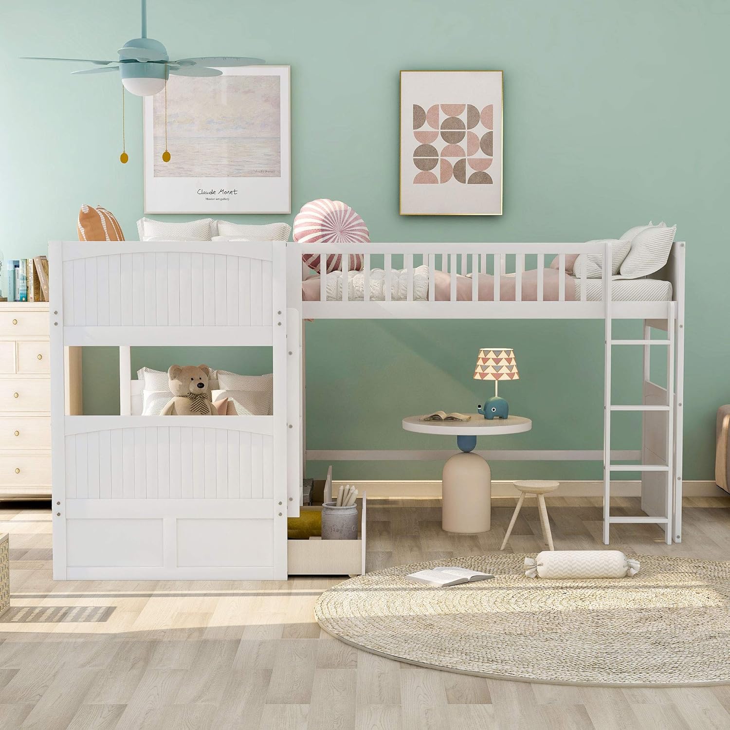 L Shape Corner Bunk Bed Triple, Loft Bed with 2 Drawers, Multifunctional Storage Loft Bed, Bunk Bed, Double Loft Bed for Bedroom, Space Saver, Bedroom Furniture suit for 3 Kids, Teens, white