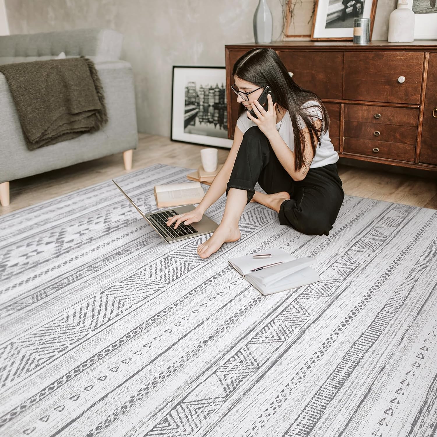 9x12 Area Rugs, Washable Rugs for Living Room, Large Soft Boho Neutral Geometric Moroccan Rug for Bedroom Dining Room, Non Slip Indoor Thin Carpet for Home Office, Cream Grey