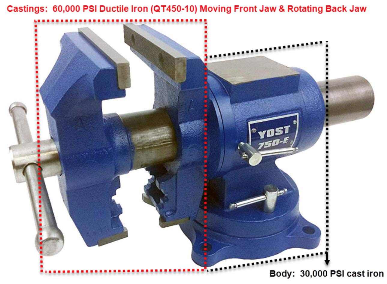 Yost Vises 5" Heavy-Duty Bench Vise, Double Swivel Rotating Vise: Head Rotates 360&deg; Vertically, Body Rotates 360&deg; Horizontally In The Locking Swivel Base, (Model 750-E; 1-Pack)