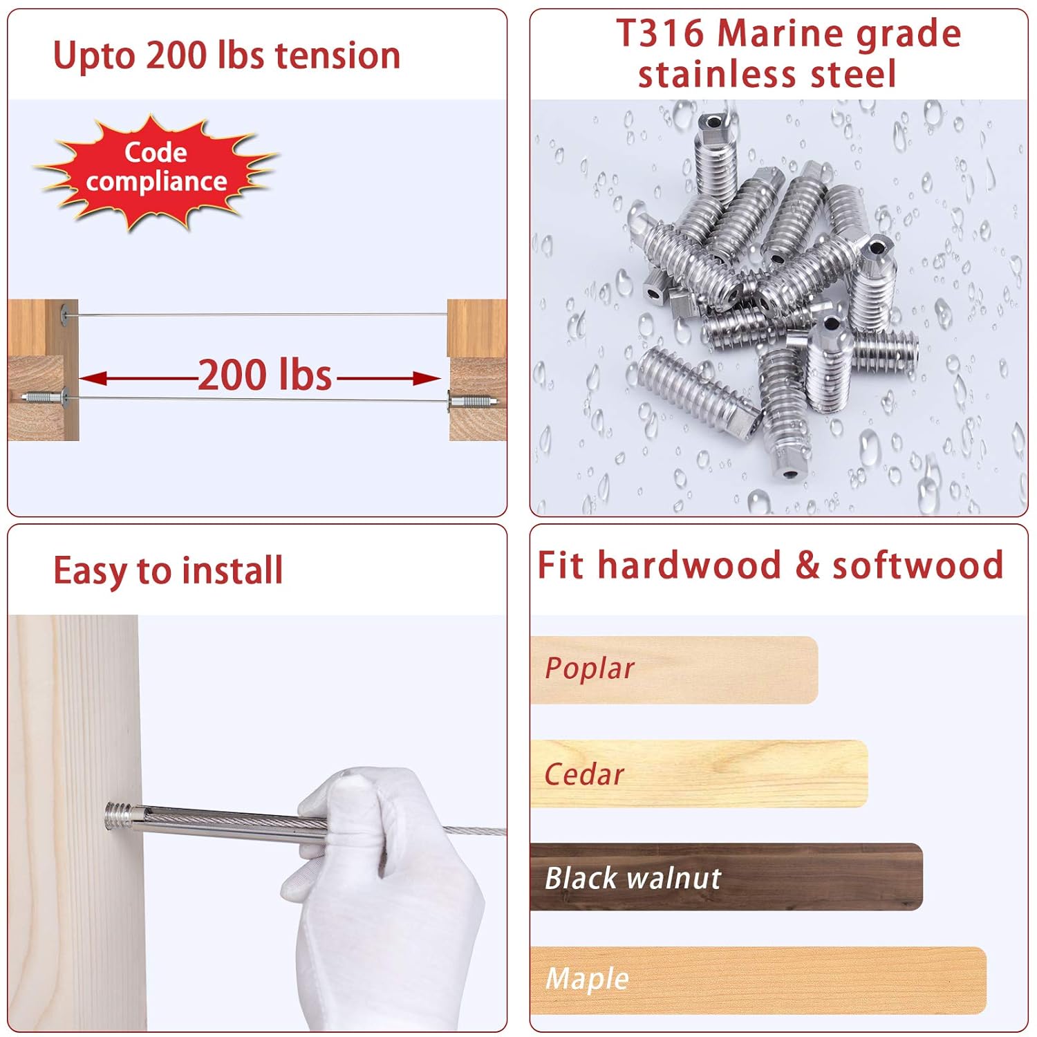Muzata 40Pack 3/16" Invisible Cable Railing Kit Swage Lag Screw Tensioner CableGenie System Completely Hidden for Wire Rope Wood Posts T316 Stainless Steel 20 Cable Line CR99, CV1 CG1
