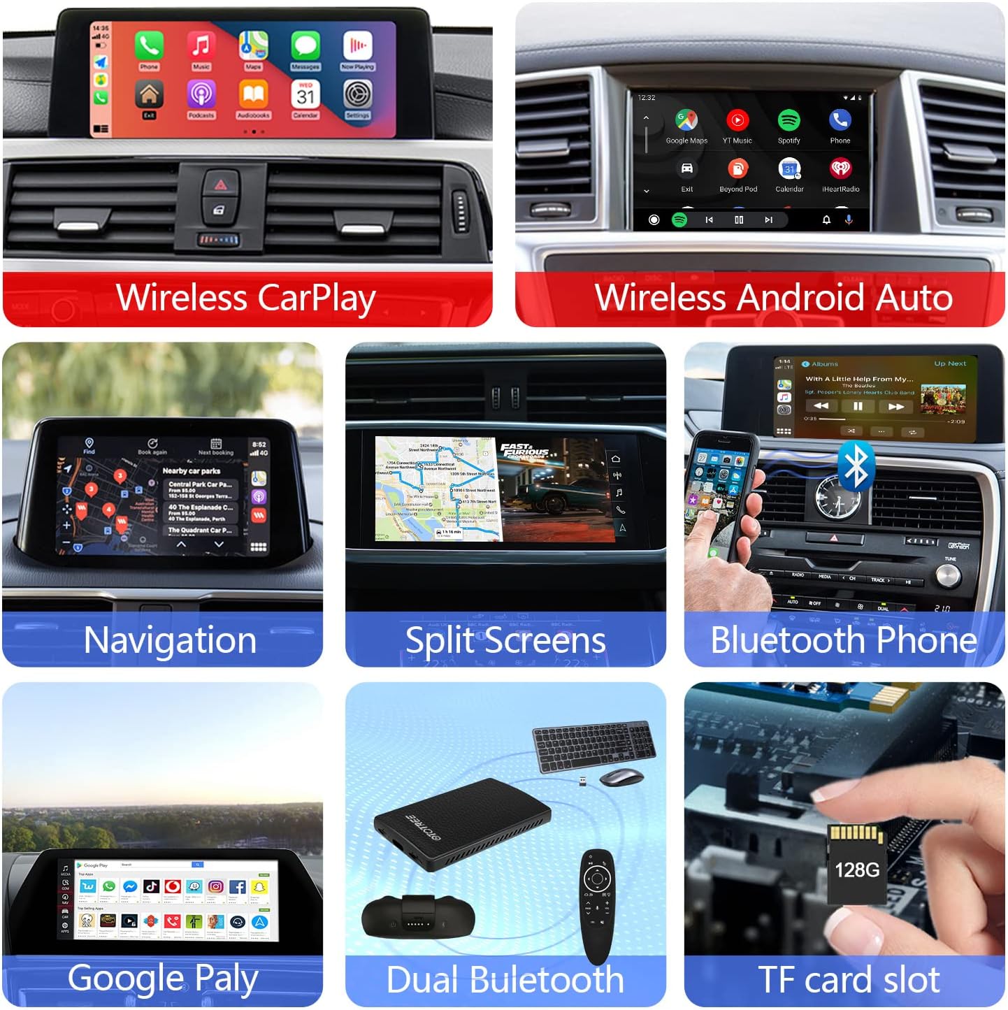 Multimedia Video AI Box for Cars with Wired CarPlay,AI Box Android System Supports WiFi,4G SIM Card,Split Screen,Wireless CarPlay+Wireless Android Auto,Installing Apps from Google Play (S21, Brown)