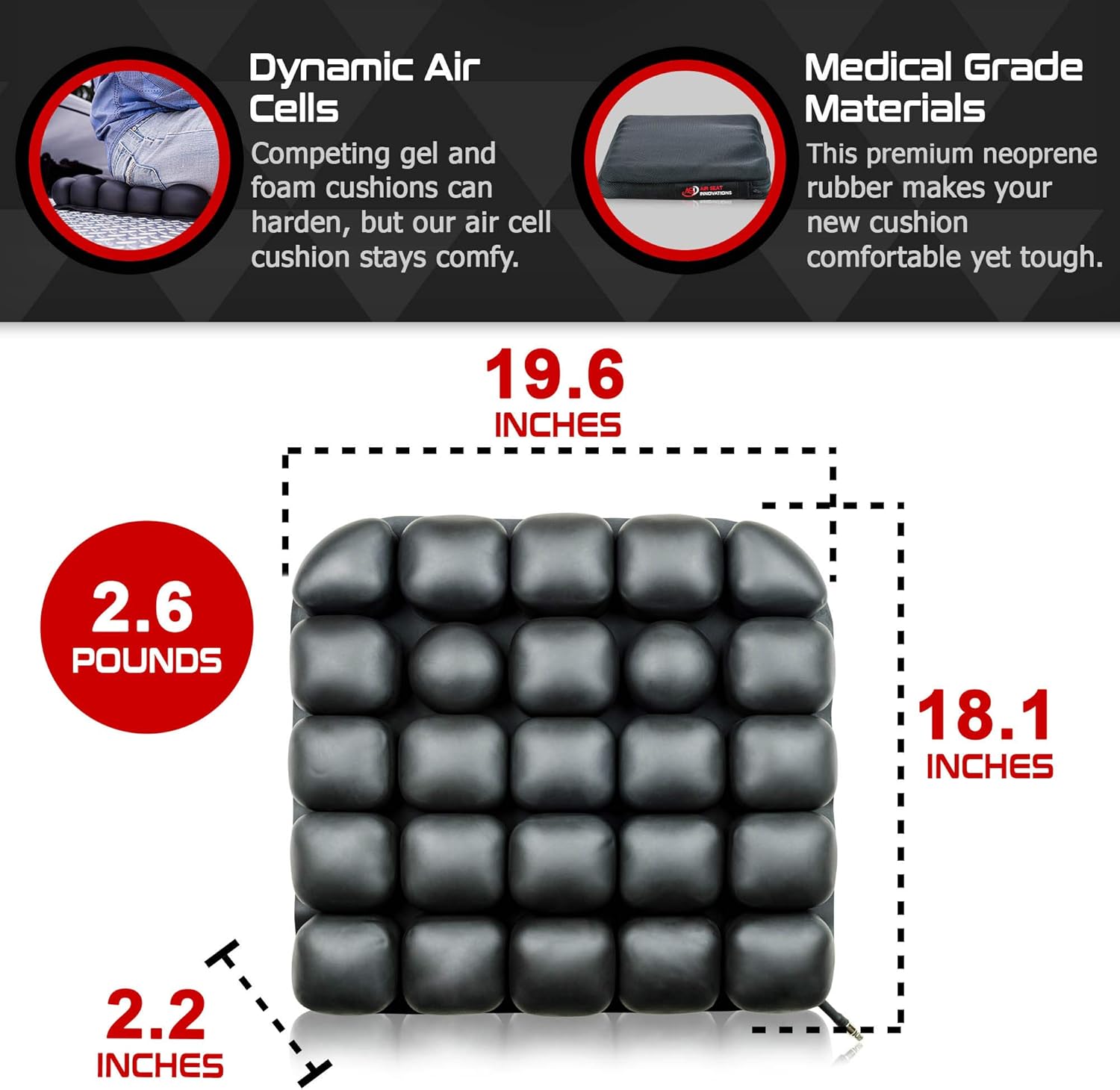 Air Seat Innovations Seat Cushion: Office Chair, Wheelchair, Car or Truck Driver Seat Pad - Lower Back, Coccyx and Sciatica Pain Relief, 18” x 16”