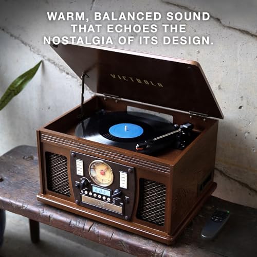 Victrola Navigator 8-in-1 Bluetooth Record Player with Built-in Speakers– 3 Speed Turntable, CD Player, Cassette, FM Radio, USB, RCA Out, Headphone Jack, Wireless Music Streaming, Real Wood (Mahogany)