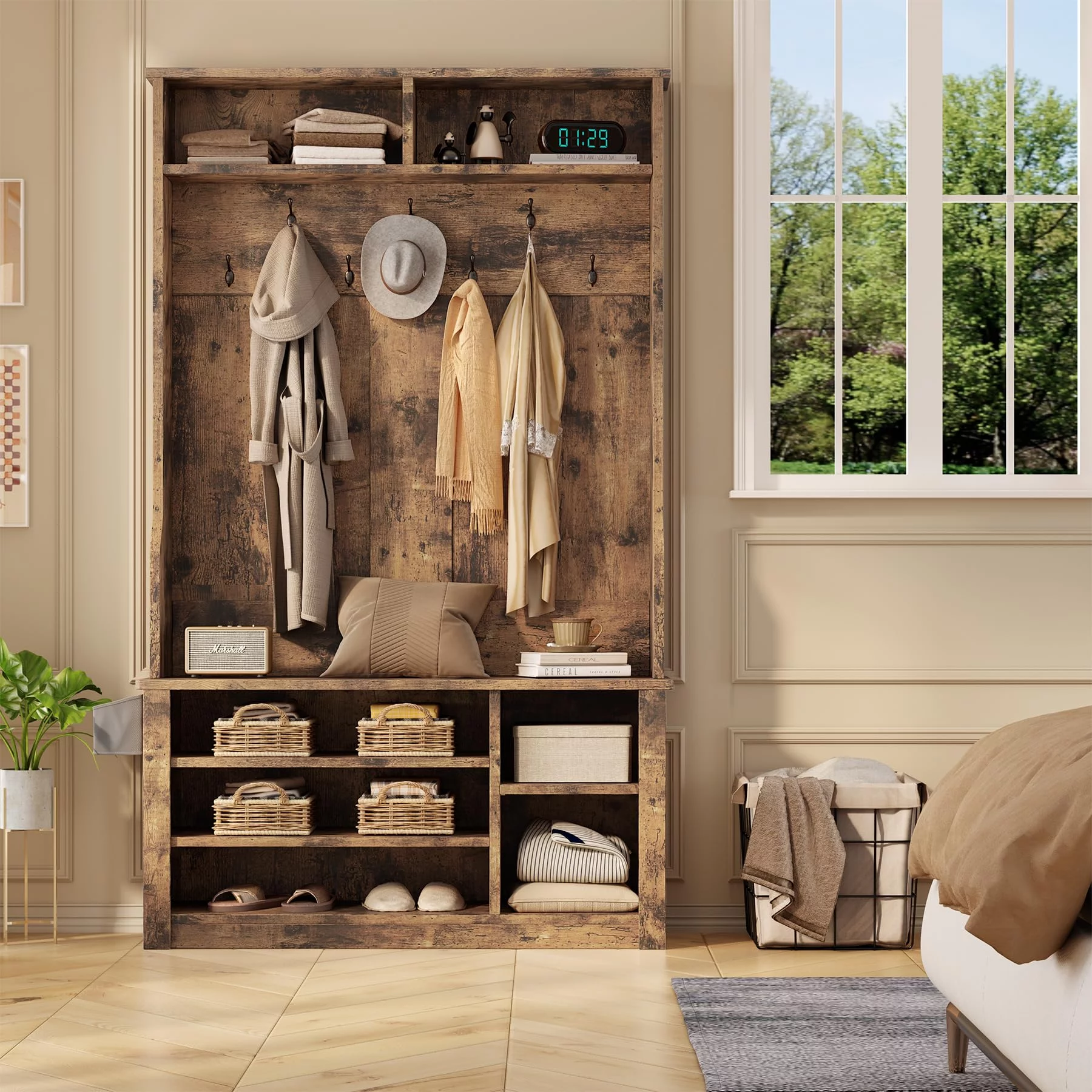 Lofka 5-in-1 Hall Tree with Bench and Shoe Storage, Entryway Hall Tree with Coat Rack, Adjustable Shoe Storage, 2-tier top storage, Rustic Brown