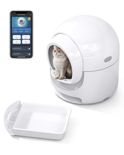 Self-Cleaning Cat Litter Box, 85L Extra Large Automatic Cat Litter Box with APP Control, Safety Protection, Odor-Removal &Weight Monitoring, for Multiple Cats,White&Grey