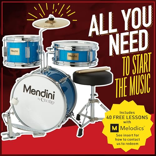 Mendini By Cecilio Kids Drum Set, 3 Piece Junior Drum Set for Beginners with Bass Tom Snare Drum, 16 inch Drum Kit with Snare, Cymbal, Drumsticks, Adjustable Seat (Metallic Red)