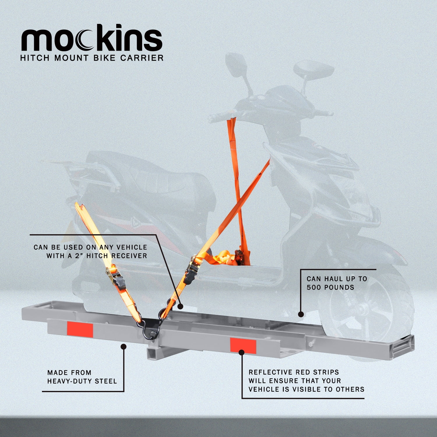 Mockins 73" Stainless Steel Dirt Bike Hitch Mount Hauler with Ramp and Accessories - Rust Proofed Hitch Carrier Supports 500 lbs.