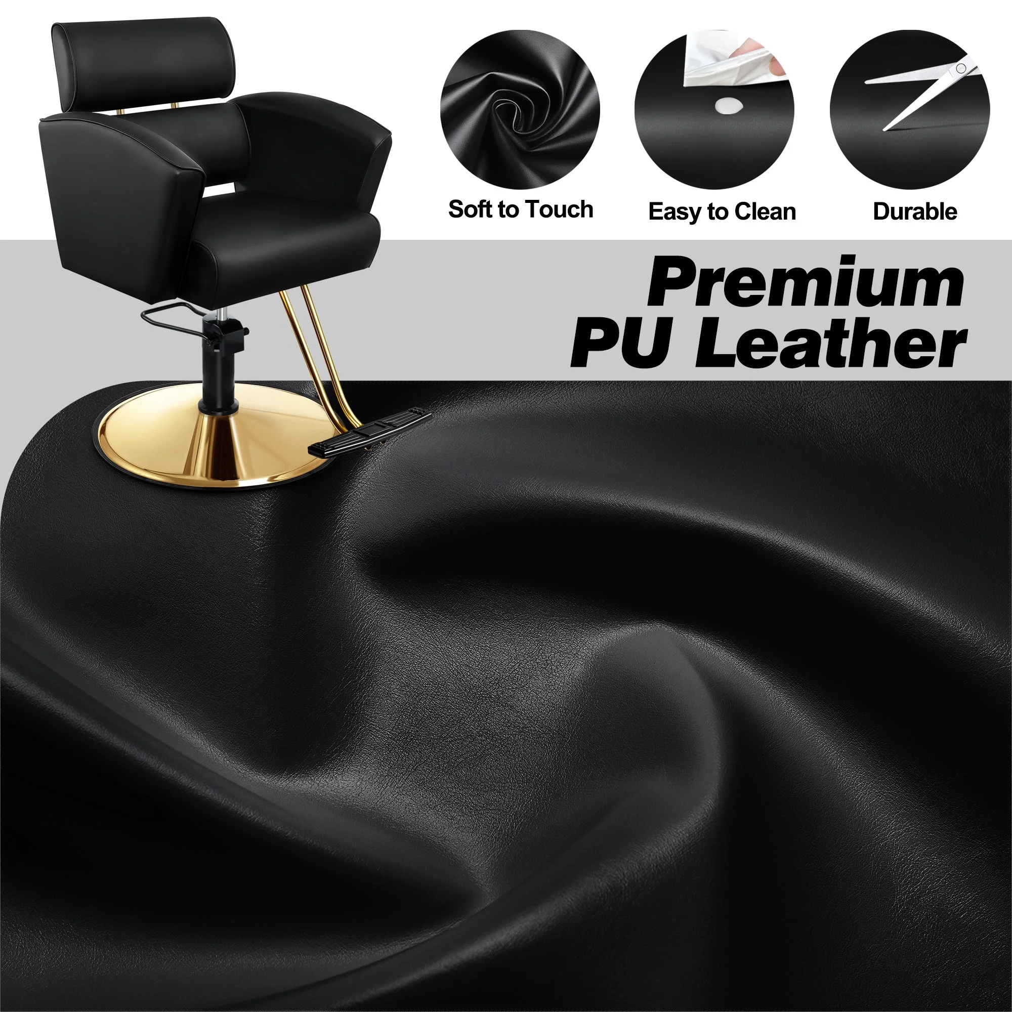 Baasha Luxury Gold Salon Chair - Sleek and Modern Hair Chair with Black Stain-Resistant Leather Upholstery, Adjustable Height, and Heavy-Duty Base - Comfortable Hair Salon Chair for Hair Stylist