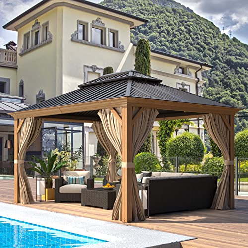 EROMMY 14'x20' Hardtop Gazebo Double Roof Galvanized Steel Canopy Outdoor Aluminum Frame Permanent Metal Pavilion with Netting and Curtains for Patio Backyard Deck and Lawns