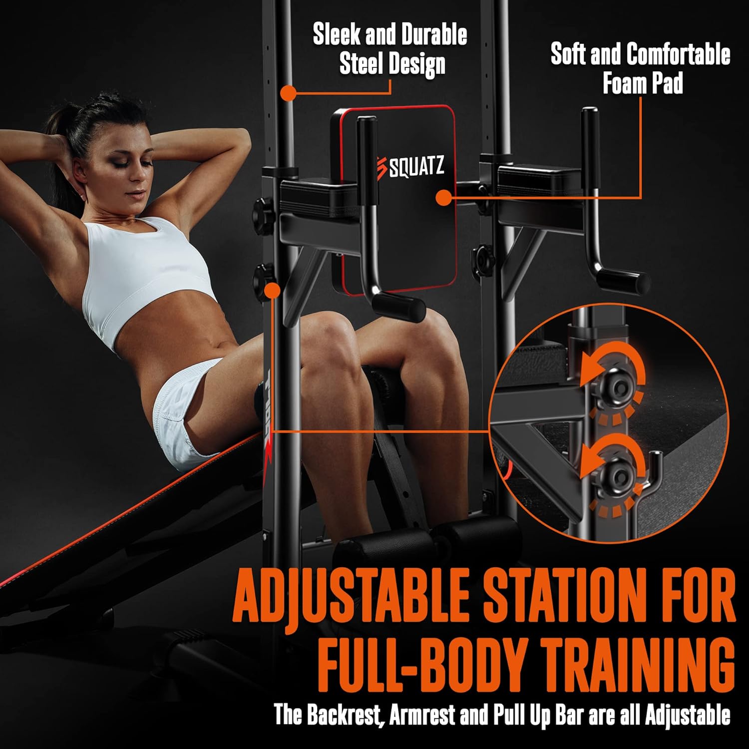 SQUATZ Pull-Up Workout Station with Bench - Multifunctional Gym Equipment Setup w/Pulling Bar, Sit-Up Board, Backrest, Elbow Pad, & Steel Main Frame, Great for Home Exercise and Weight Training