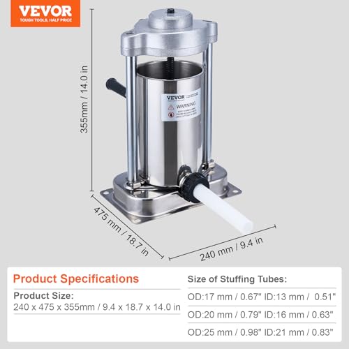VEVOR Manual Sausage Stuffer, 7 L / 15 LBS Vertical Sausage Machine, Dual-Speed Meat Stuffer, Made of Food-Grade 304 Stainless Steel, Includes 5 Stuffing Tubes, for Home Kitchen Restaurant Commercial