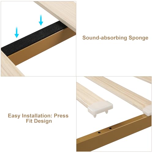 Bed Frame, King Bed Frame and Headboard, Platform Bed, Faux Leather, Metal Frame, Tufted Modern No Box Spring Needed, Strong Wooden Slats, Gold and Black