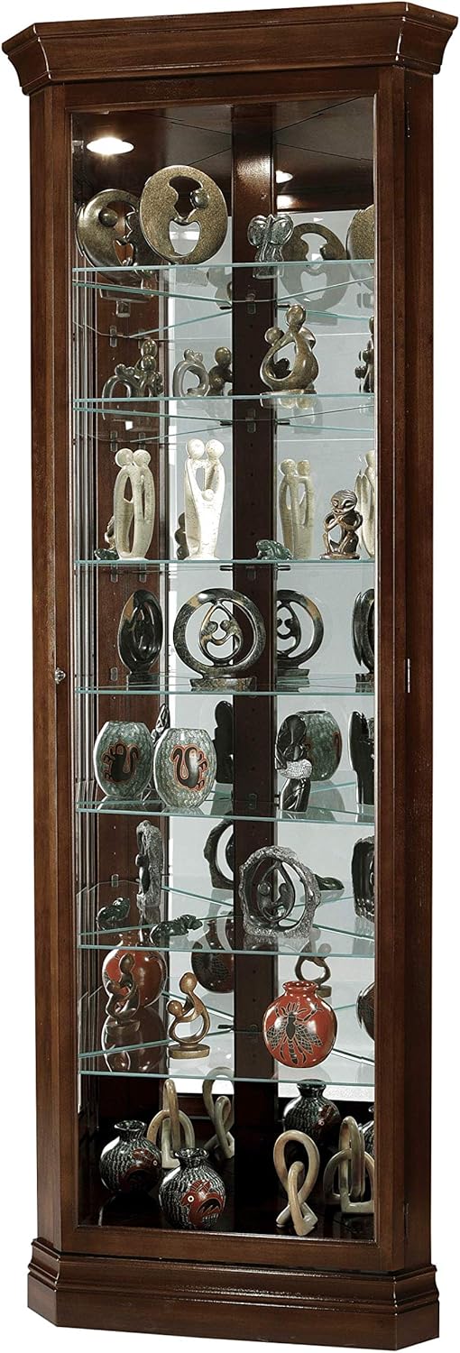 Howard Miller Drake Corner Curio Cabinet 680-483 – Cherry Bordeaux Finish, Seven Glass Shelves, Eight Level Display Case, Locking Door, No Reach Light