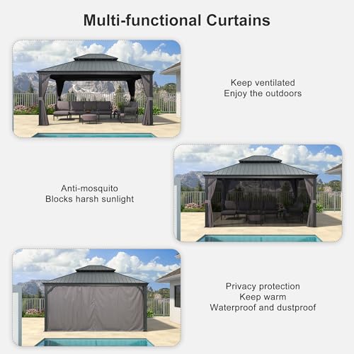 PURPLE LEAF 10' X 14' Permanent Hardtop Gazebo Aluminum Gazebo with Galvanized Steel Double Roof for Patio Lawn and Garden, Curtains and Netting Included, Grey