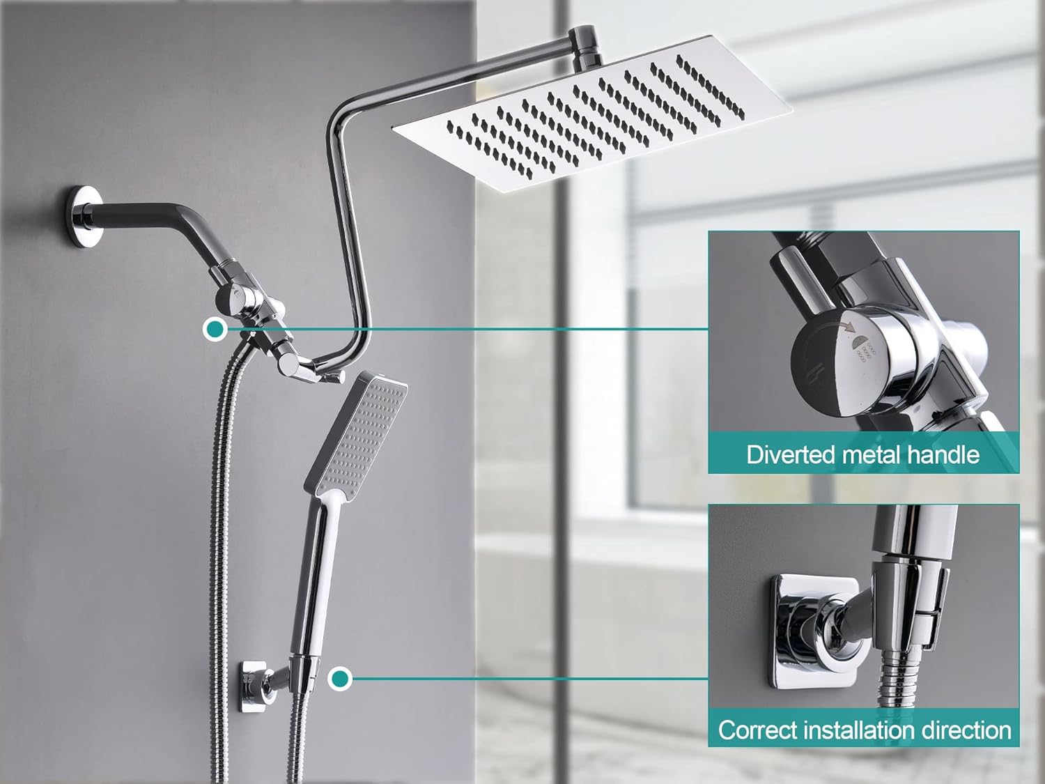 10" High Pressure Rainfall Shower Head with Handheld Combo, Upgrade 12" Extension Arm Height Adjustable, Powerful Stainless Steel Shower Head, Brass Shower Holder Extra Long Shower Hose, Chrome