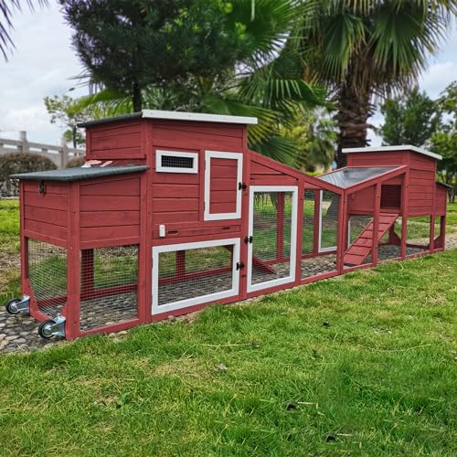 156" L Chicken Coop with Wheels Large Chicken House with Run Backyard Wooden Hen House Outdoor for 4-6 Chickens Poultry Cage with Nesting Boxes, Pull Out Trays, 4 Perches, Set of Two, Grey