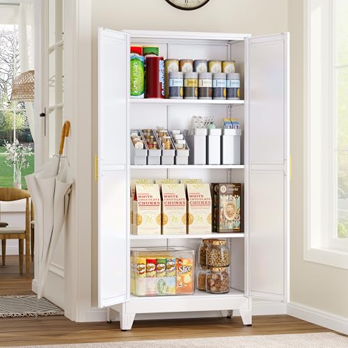 75.2" Tall Metal Pantry Cabinet, Storage Cabinets with 4 Door and 4 Adjustable Shelves, Black Kitchen Pantry Storage Cabinet, Freestanding Cupboard for Kitchen Dining Room Living Room Bathroom