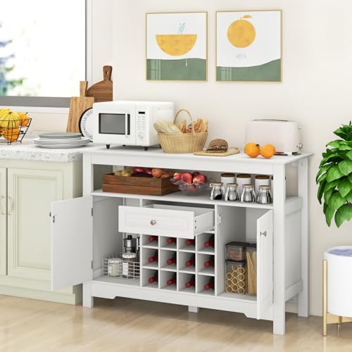 Giantex Bar Cabinet with Storage, Buffet Sideboard w/ 12-Bottle Removable Wine Rack, 2 Doors & Drawer, Multipurpose Wine Liquor Coffee Cabinet for Kitchen, Dining Room, Living Room, Entryway (White)