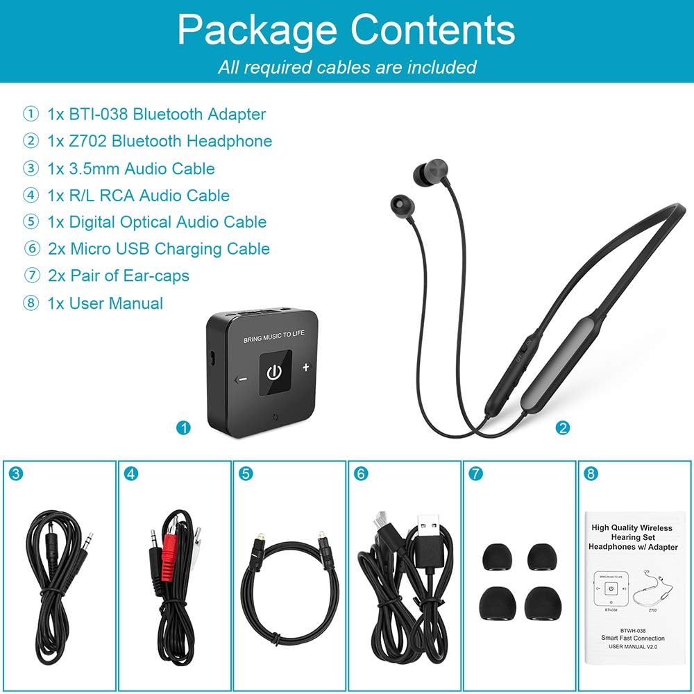 Golvery Wireless Headphones for TV Watching w/Bluetooth Transmitter Adapter (Digital Optical AUX RCA), Bluetooth 5.0 Rechargeable Earbuds Headset Hearing Set for Seniors, Plug n Play, No Audio Delay