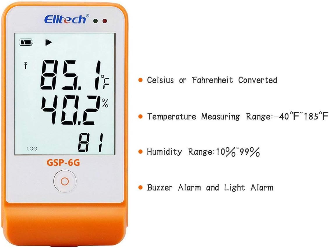 Elitech GSP-6G Digital Temperature Humidity Data Logger Detachable Buffered Probe ISO 17025 Certification Pack of 2