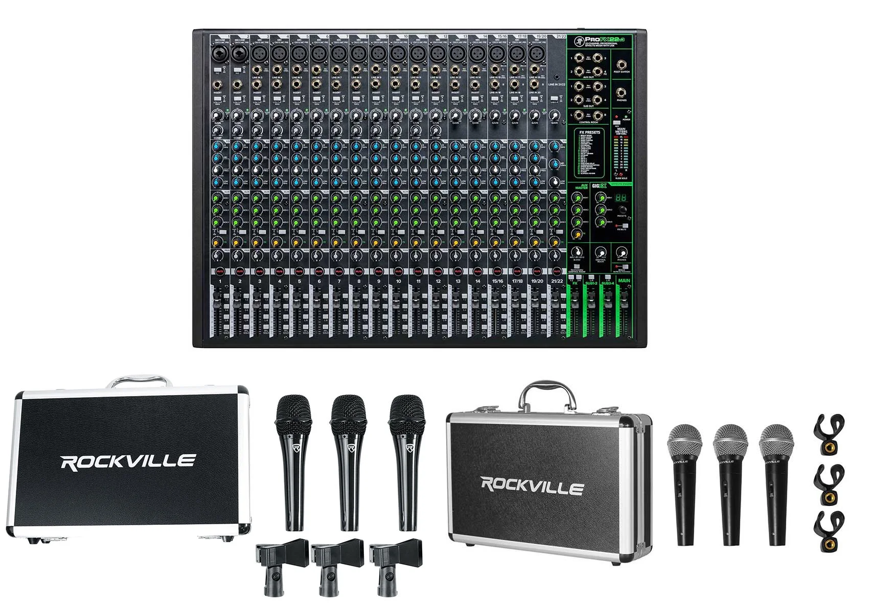 Mackie ProFX22v3 22-Channel 4-Bus Effects Mixer w/USB ProFX22 v3+ 6) Mics+Cases
