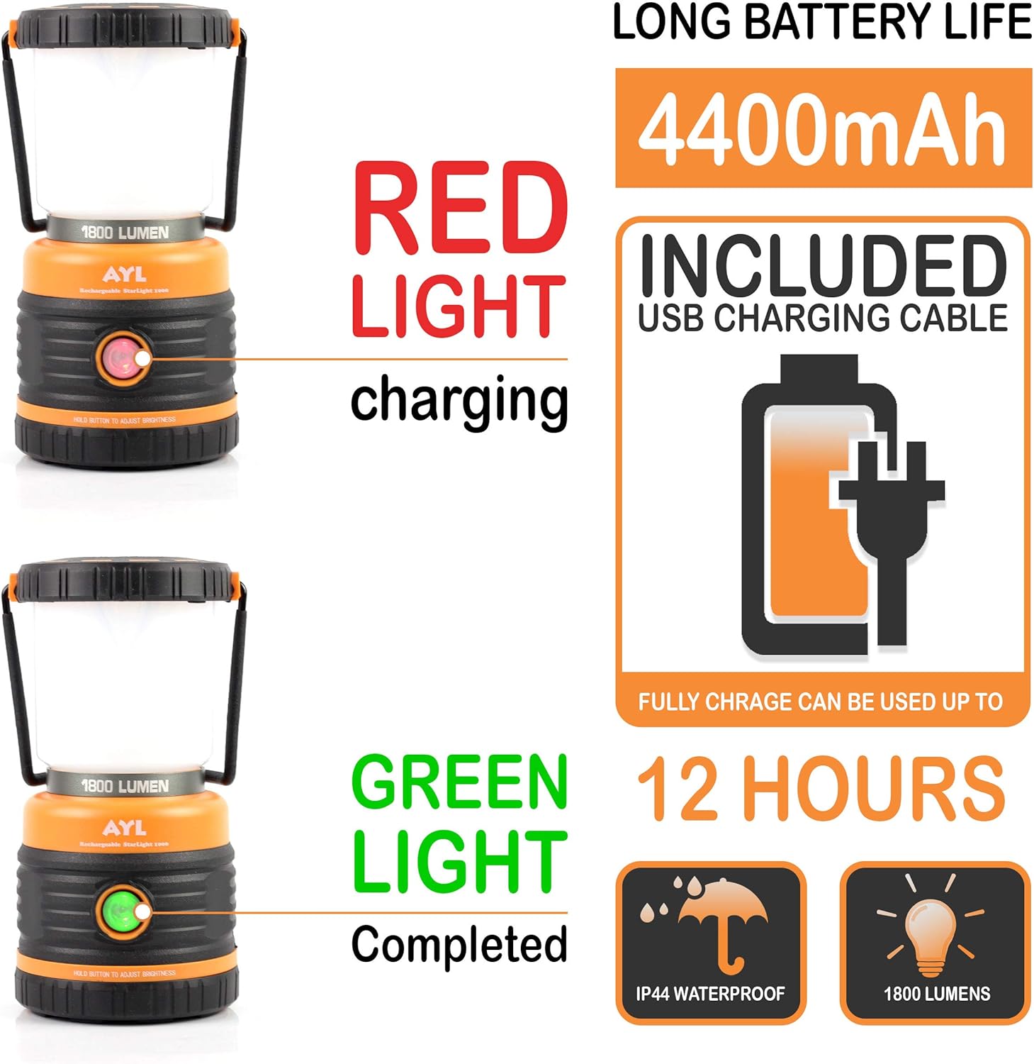LED Camping Lantern Rechargeable, 1800LM, 4 Light Modes, 4400mAh Power Bank, IP44 Waterproof, Perfect Lantern Flashlight for Hurricane, Emergency, Power Outages, Home and More, USB Cable Included Pack of 2