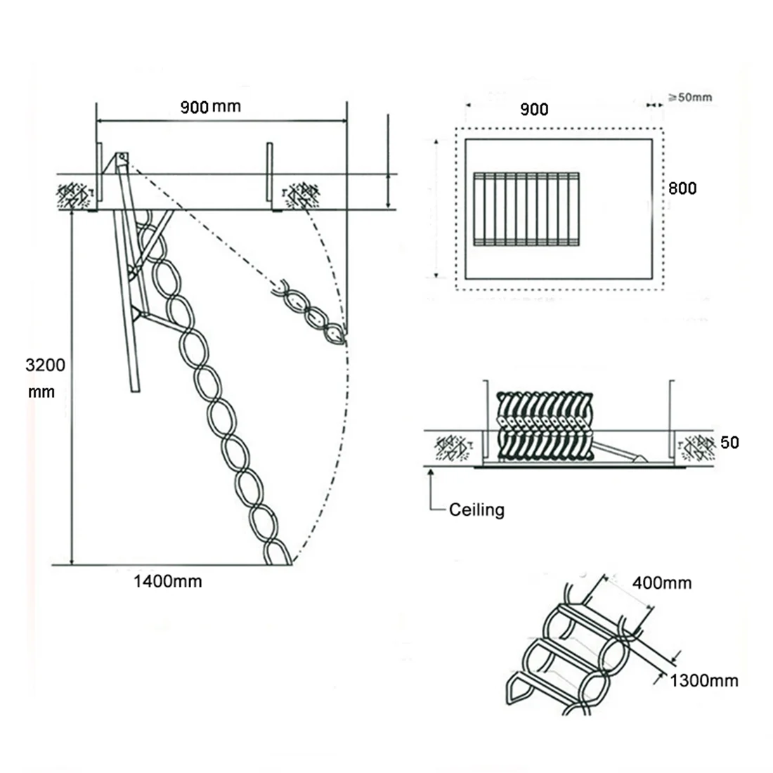 INTBUYING Attic Ceiling Ladder Stairs 10.5ft/13Steps Carbon Steel White 31.5*35.4in