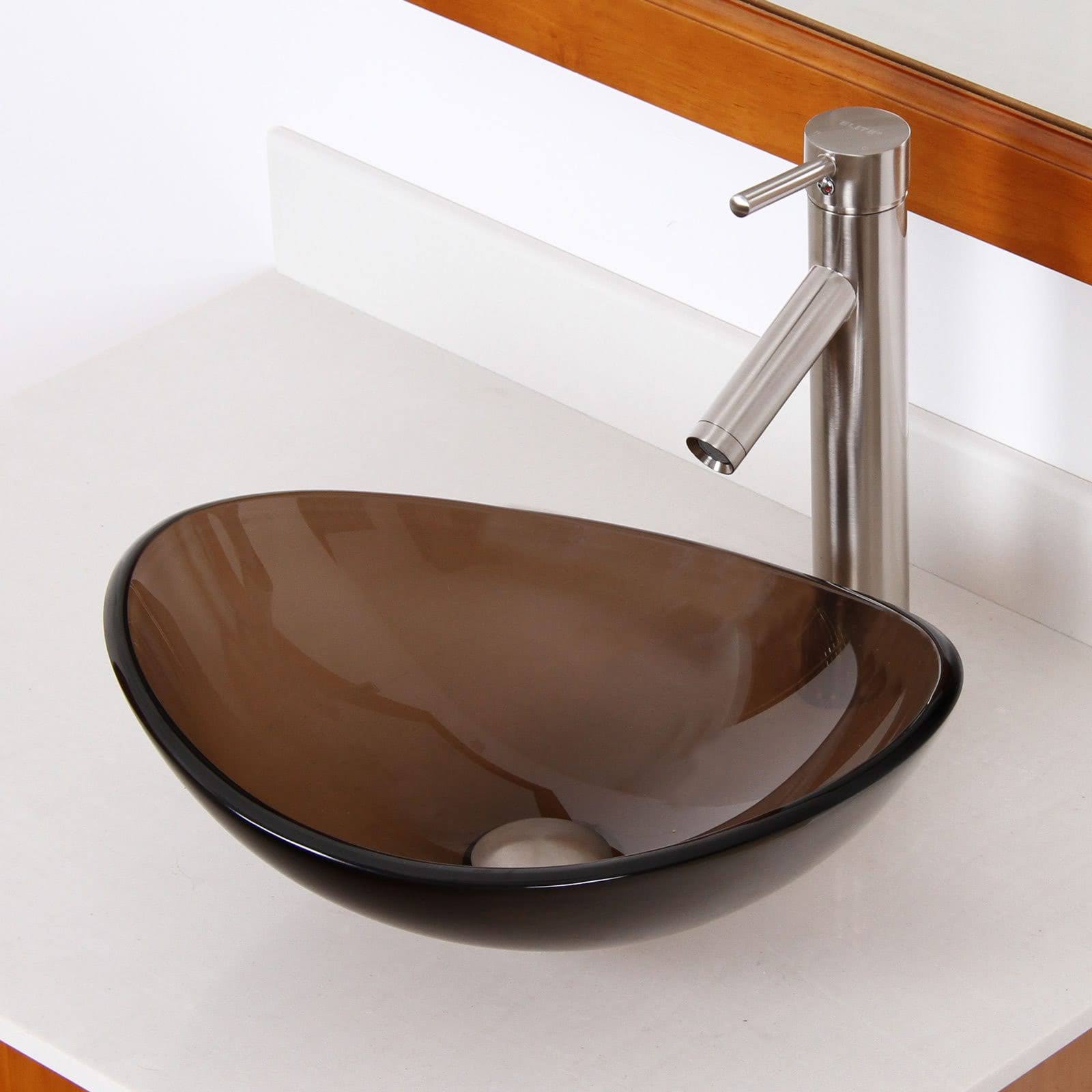Elite 1417+2659 Unique Oval Transparent Brown Tempered Glass Bathroom Vessel Sink with Faucet Combo - Chrome Finish Faucet+Sink