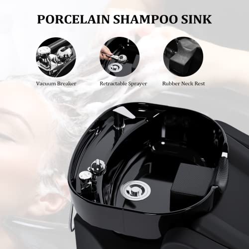 Shampoo Backwash Unit with Large Porcelain Bowl, Salon Sink Hair Wash Chair Shampoo Station, Barbershop Beauty Spa Massage Hairdressing Equipment