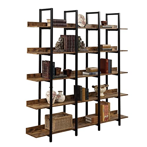 CALABASH Bookcases and Bookshelves Triple Wide 5 Tiers Industrial Bookshelf, Large Tall Bookcase Open Display Shelves with Metal Frame for Living Room Bedroom Library Home Office(Black)