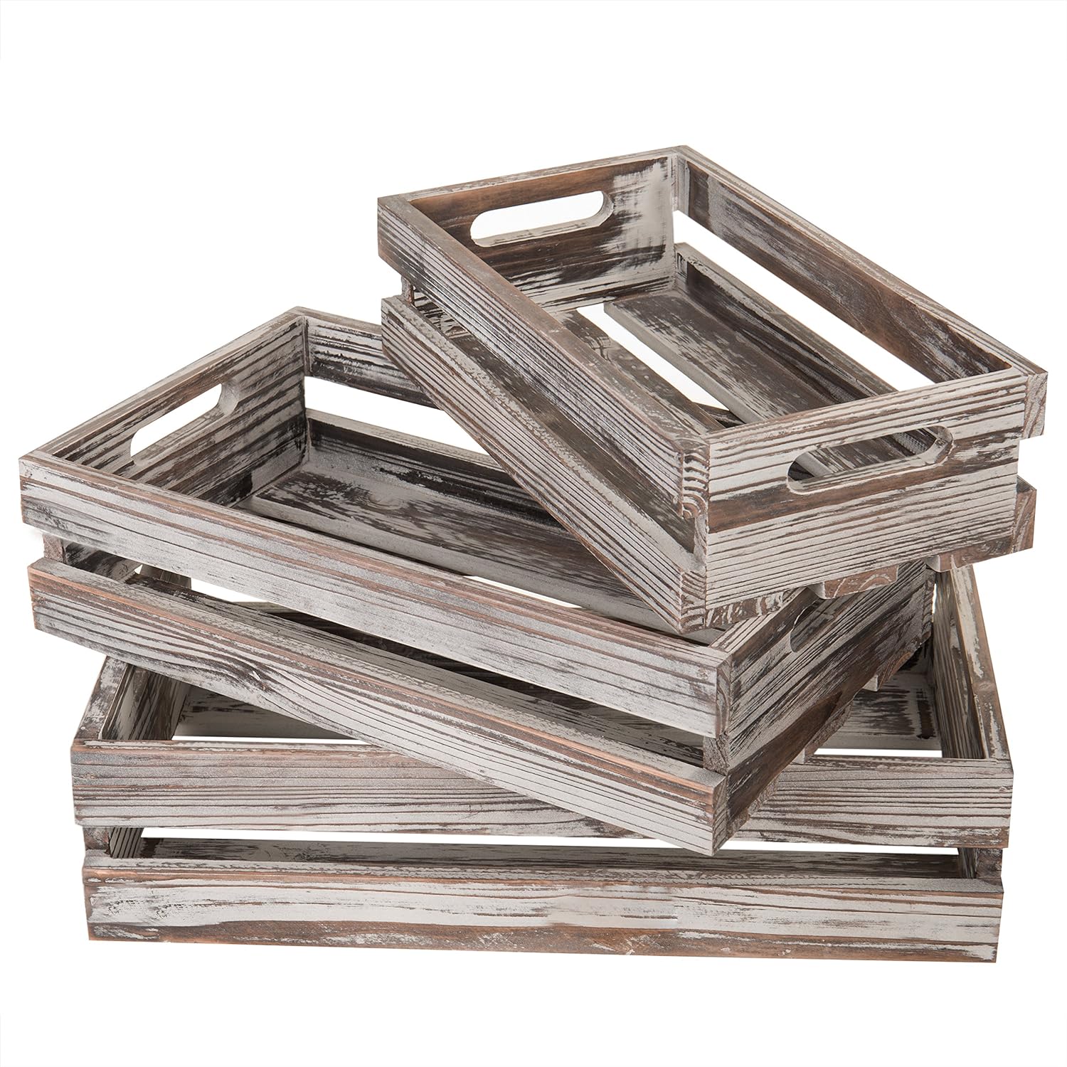 MyGift Farmhouse Style Barnwood Gray Wood Nesting Crates, Rustic Open Top Storage Pallet Boxes, Set of 3 Pack of 2