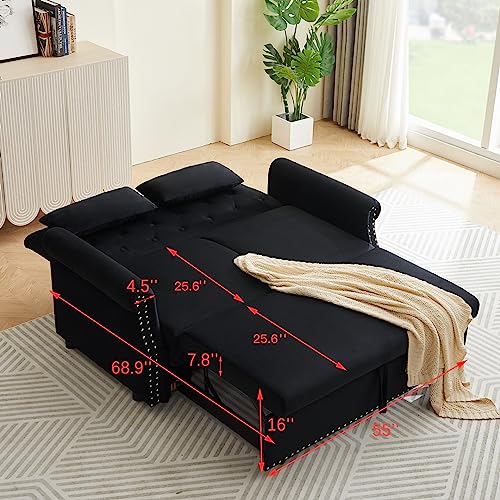 3 in 1 Convertible Sofa Bed with 2 Lumbar Pillows, Velvet Upholstered Sleeper Recliner Sofa Couch with Detachable Armrest, Multifunctional Pull Out Couch for Living Room, Bedroom, Office, Black