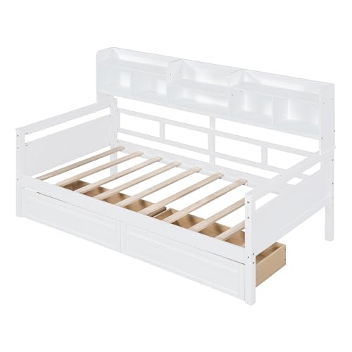 WADRI Multi-Functional Twin Size Daybed with Bedside Shelf and 2 Storage Drawers, Wood Daybed Sofa Bed Frame with Sturdy Slat Support for Office Living Room Bedroom, Easy Assembly (Gray-ss1)