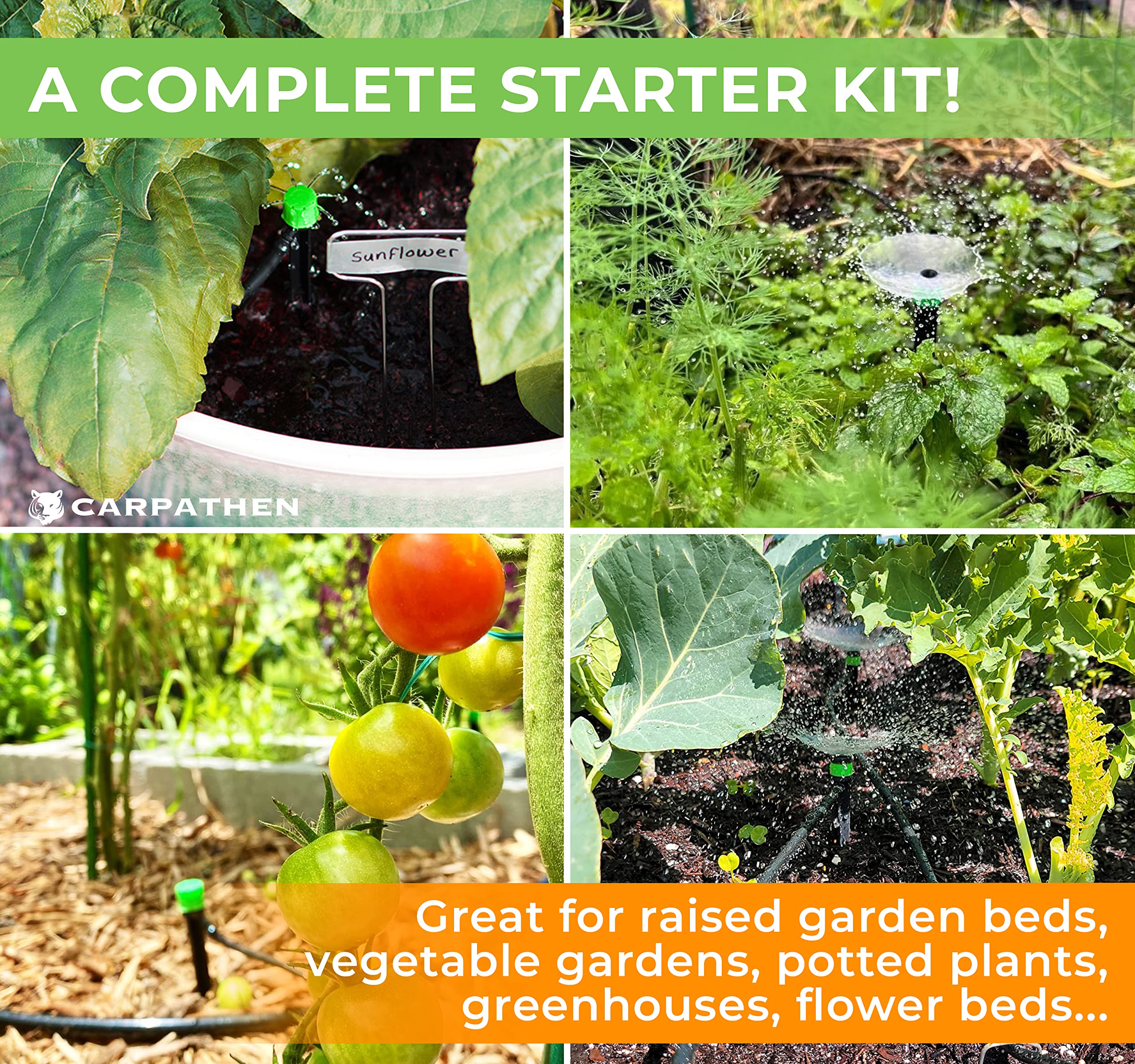 CARPATHEN Drip Irrigation System - Adjustable Premium Garden Watering System for Raised Garden Bed, Yard, Lawn, Greenhouse - Complete Drip Irrigation Kit with Drip Emitters, 1/4 Tubing and Connectors