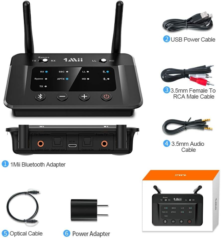 1Mii B03 Long Range Bluetooth 5.0 Transmitter Receiver for TV Home Stereo BT Headphones, aptX Low Latency Bluetooth Audio Adapter, Splitter for Wired & Wireless, Optical RCA AUX 3.5mm [Upgraded]