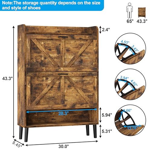 HOMEFORT Shoe Storage Cabinet for Entryway, Slim Shoe Organizer with Two Flip Drawers, Narrow Shoe Rack Cabinet with Wood Legs, Farmhouse Hidden Shoe Cabinet for Front Door Entrance,Rustic Brown