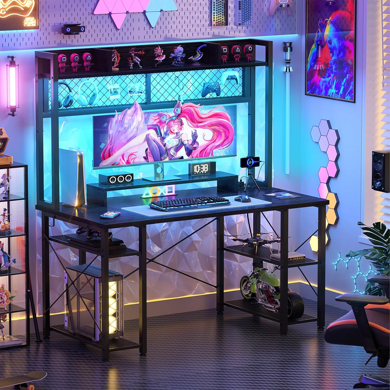 Gaming Desk with Hutch - 47 Inch Computer Desk with LED Lights & Power Outlet, Home Office Writing Desk with Storage Shelf and Monitor Stand, Black