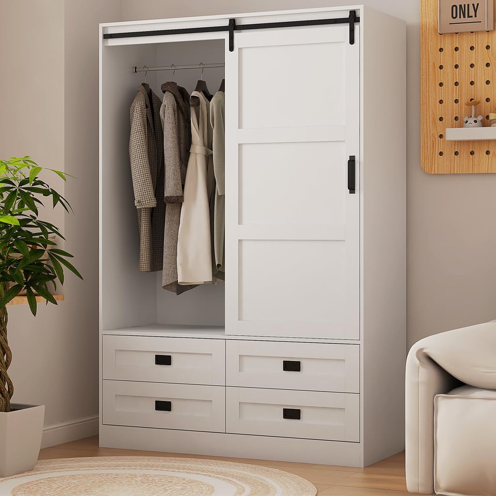 Solid Wood Armoire Wardrobe Closet, Large Wardrobe Cabinet with Sliding Barn Door, 4 Drawers, 3 Adjustable Shelves & Hanging Rod, Freestanding Wooden Closet for Bedroom, 47.3"W x 70.9" H x 20.5"D